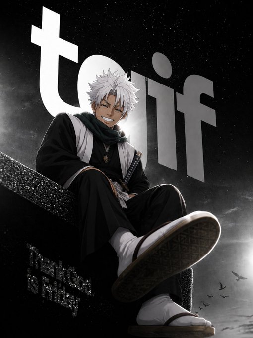 The post features an anime-style illustration of a grinning silver-haired character in traditional black and white robes, with the word "tojiif" displayed prominently in the background. The image ties to the "gm to my three actives" message as a bold, stylized greeting graphic—likely the user's profile or branding—setting an upbeat Friday vibe.