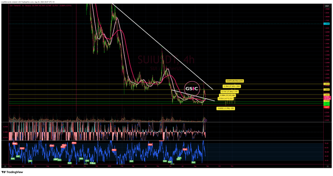 A TradingView chart of $SUI/USD on a 4-hour timeframe shows the cryptocurrency hitting its stop loss near the GSLC (likely "Golden Support Level") zone before approaching a key support level at around $0.60, aligning with the trader's note about targets being corrected to support.