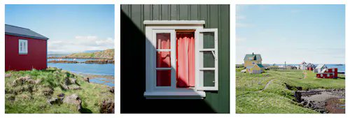 The image consists of three photos, each showing a different view of a house with a red roof and green walls. The first photo shows a window with a pink curtain, the second photo has an open window revealing a beautiful view of the ocean, and the third photo features another window with a red curtain. The post is captioned "✧ Flatey (Triptych) ✧ by @kristophershinn SOLD↴ to @darketstormy for 0.15 ETH ($259.22) $RARE".