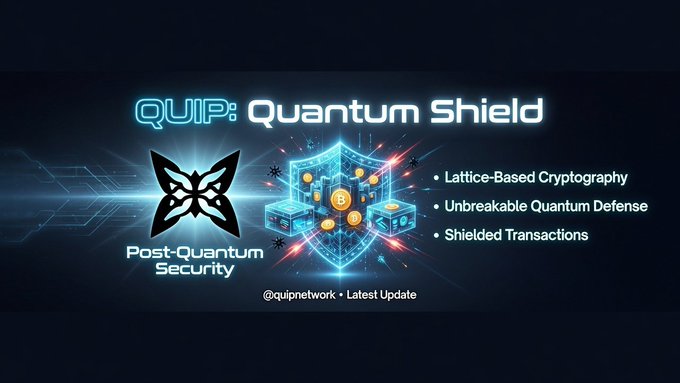 A promotional graphic for "QUIP: Quantum Shield" featuring a futuristic blue shield adorned with cryptocurrency symbols, accompanied by a stylized logo and text highlighting "Post-Quantum Security" features including Lattice-Based Cryptography, Unbreakable Quantum Defense, and Shielded Transactions from @quipnetwork. The visuals of a glowing shield with Bitcoin and blockchain imagery directly reinforce the post's message about QUIP Network delivering cutting-edge, future-proof protection for digital assets.