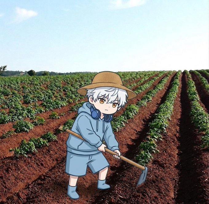 An anime-style illustration depicts a white-haired character in a blue hoodie, shorts, and straw hat holding a hoe in a plowed field of crops.