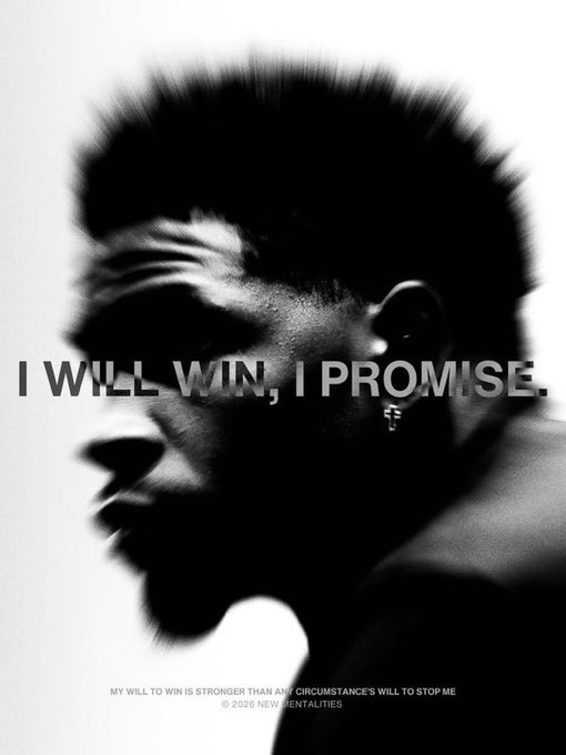 A black-and-white graphic showing a blurred silhouette of a person's face with the bold text 'I WILL WIN, I PROMISE.' and smaller text reading 'MY WILL TO WIN IS STRONGER THAN ANY CIRCUMSTANCE'S WILL TO STOP ME © 2026 NEW MENTALITIES'.