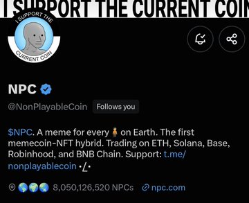 A Twitter/X profile for NPC (@NonPlayableCoin), describing itself as a 'meme for every on Earth' and the first memecoin-NFT hybrid trading on ETH, Solana, Base, Robinhood, and BNB Chain, with 8,050,126,520 NPCs.