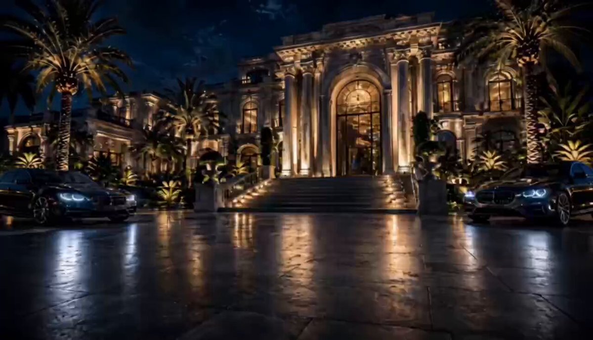 The image shows a large, fancy building with an entrance featuring a grand staircase leading up to a door. There are two cars parked outside of this building - one black car and one silver car. The scene appears to be at night, as indicated by the dark sky in the background. A post on social media has been shared, which reads "is taking over $gram, Ton block chain". This means that the image is being used for promotional purposes or possibly related to a specific event or product.