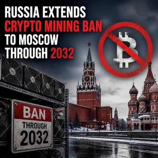 A news-style graphic showing the Moscow Kremlin in winter with overlaid text 'RUSSIA EXTENDS CRYPTO MINING BAN TO MOSCOW THROUGH 2032,' a Bitcoin symbol with a prohibition sign, and crypto mining rigs with a 'BAN THROUGH 2032' sign.