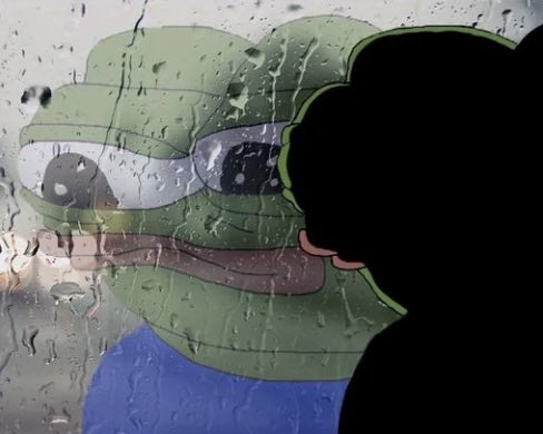 A sad Pepe the Frog meme is shown looking through a rainy window at a silhouetted figure, conveying feelings of disappointment or disbelief. The image humorously illustrates the frustration expressed in the post about repeatedly having to clarify that the author isn't being paid to promote $PUMP and has never accepted a VC deal.