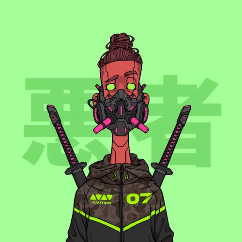 Digital illustration of a cyberpunk samurai character with a man bun, glowing yellow eyes, a tech respirator mask, dual katanas, and a camouflage jacket with "CAUTION" and "07" patches against a green background with Japanese characters.