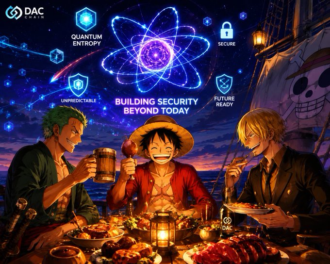 A DAC Chain promotional image featuring anime characters from One Piece (Zoro, Luffy, and Sanji) gathered around a feast, with text 'BUILDING SECURITY BEYOND TODAY' and icons highlighting Quantum Entropy, Secure, Unpredictable, and Future Ready.