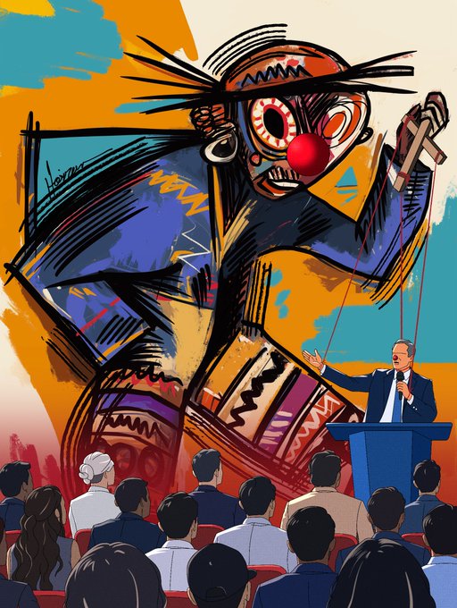 A colorful, abstract illustration depicting a man in a suit speaking at a podium to an audience, with a large, stylized, mask-wearing figure dominating the background in bold blues, oranges, and yellows.