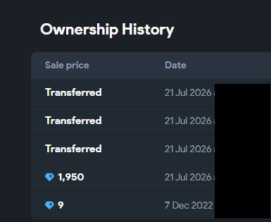 A dark-themed Ownership History panel showing a table with sale prices and dates, including three 'Transferred' entries on 21 Jul 2026, a transaction for 1,950 (diamond icon) on 21 Jul 2026, and a transaction for 9 (diamond icon) on 7 Dec 2022.