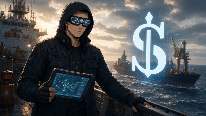 An anime-style image showing a hooded figure wearing futuristic goggles and holding a glowing tablet, standing on a dock with cargo ships and a stylized dollar sign hologram in the background.