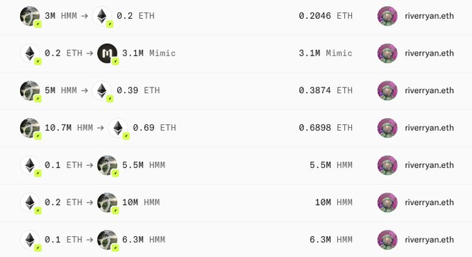 A transaction history from the wallet "riverryan.eth" showing multiple trades involving $HMM (Heroes of Mavia) and ETH, including early sales like 3M HMM for 0.2 ETH (received 0.2046 ETH) and 5M HMM for 0.39 ETH (received 0.3874 ETH), alongside smaller buybacks at higher prices (e.g., 0.1 ETH for 5.5M HMM). The image illustrates the poster's regretful pattern of selling $HMM too early for 10-12x gains only to buy back at higher prices, demonstrating the "paperhand" mistake they referenced.