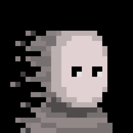 A pixel art depiction of a glitchy, faceless character with hollow eyes against a black background, with pixels appearing to disintegrate from the left side.