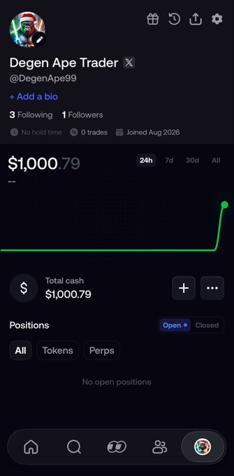 A screenshot of a 'Degen Ape Trader' (@DegenApe99) profile on a trading app showing $1,000.79 total cash.