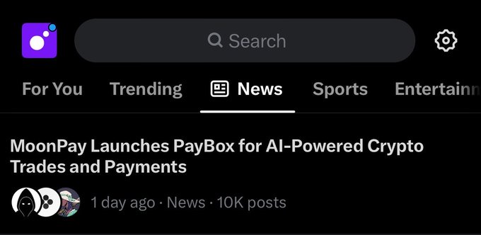 A mobile app interface showing a News feed tab with the headline 'MoonPay Launches PayBox for AI-Powered Crypto Trades and Payments' posted 1 day ago from News with 10K posts.