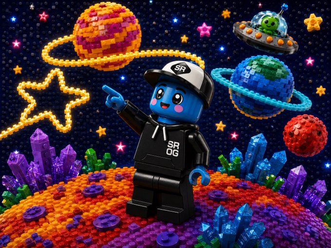 A Lego minifigure labeled "SR OG" in a black hoodie and cap points outward while standing on a colorful, brick-built planet surrounded by other planets, an alien UFO, stars, and crystal formations in a Lego-style space scene, matching the "Space Rider doing things Lego style" theme.