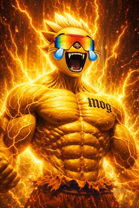 An AI-generated muscular cat-like creature with spiky blonde hair, rainbow sunglasses, crying-laughing emoji face, and 'mog' tattooed on its chest, surrounded by lightning.