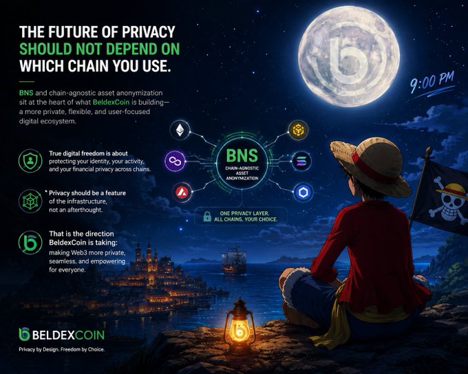 A promotional image for BeldexCoin featuring an anime-style character in a straw hat (with a pirate flag) sitting on a cliff overlooking a moonlit port, with the headline "THE FUTURE OF PRIVACY SHOULD NOT DEPEND ON WHICH CHAIN YOU USE," a diagram showing BNS (chain-agnostic asset anonymization) connecting multiple blockchain icons, and the BeldexCoin logo alongside a "9:00 PM" timestamp.