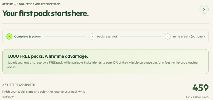 A "GENESIS // 1,000 FREE PACK RESERVATIONS" webpage with steps including "Complete & submit" and "459 PACKS REMAINING."