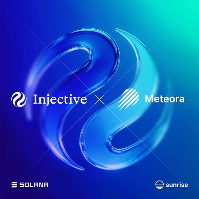 A promotional graphic on a blue gradient background announces a partnership between Injective and Meteora, featuring logos and additional branding from Solana and Sunrise.