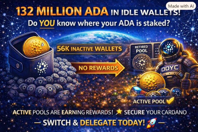 Promotional graphic with text '132 MILLION ADA IN IDLE WALLETS! Do YOU know where your ADA is staked?' and '56K INACTIVE WALLETS NO REWARDS' pointing to an astronaut labeled 'ODYC' representing an active pool, with 'ACTIVE POOLS ARE EARNING REWARDS! SECURE YOUR CARDANO SWITCH & DELEGATE TODAY!' at the bottom.