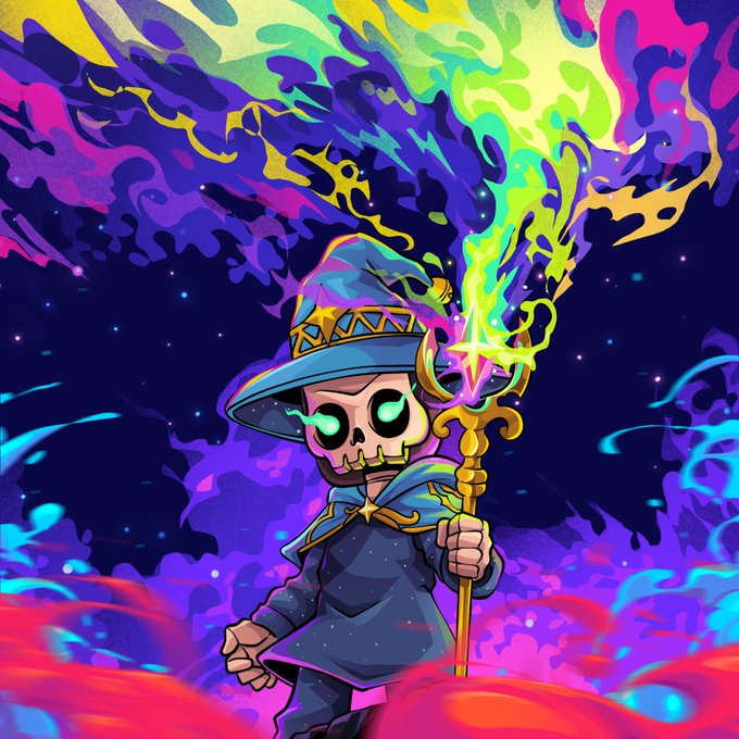 A skeletal wizard in a blue robe and pointed hat wields a glowing staff emitting vibrant neon flames against a cosmic purple and pink backdrop. The powerful sorcerer imagery visually reinforces the post's confident, unconcerned stance on floor price discussions, symbolizing a founder who wields real magic (genuine vision and work) rather than being rattled by market chatter.