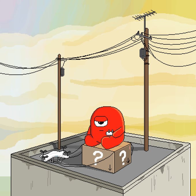 The image shows a red, grumpy-looking cartoon character sitting on a rooftop next to a cardboard box marked with question marks, in a makeshift camp with power lines overhead.

The scene visually mirrors the post's tone of waiting and uncertainty—capturing the restless, "wen?" mood of a community awaiting giveaway announcements or whitelists, much like the character sitting patiently (or impatiently) beside an unknown prize.