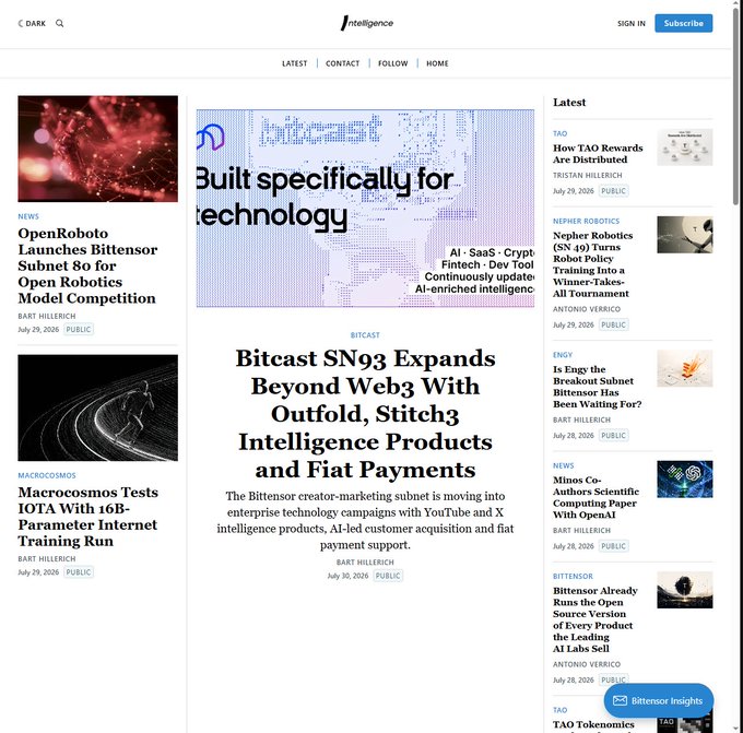 A screenshot of the Bittensor Insights / Artificial Intelligence news website featuring articles including 'Bitcast SN93 Expands Beyond Web3 With Outfold, Stitch3 Intelligence Products and Fiat Payments' by Bart Hillerich.