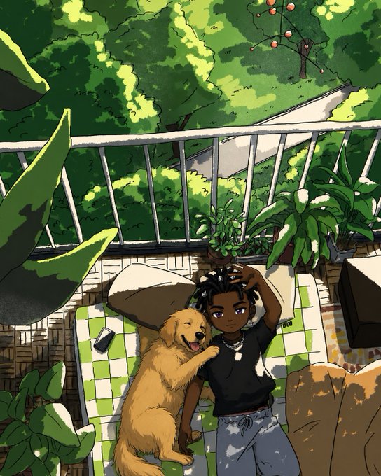 A colorful digital illustration of a young person with dreadlocks lying on a balcony with a golden retriever, surrounded by lush green plants.