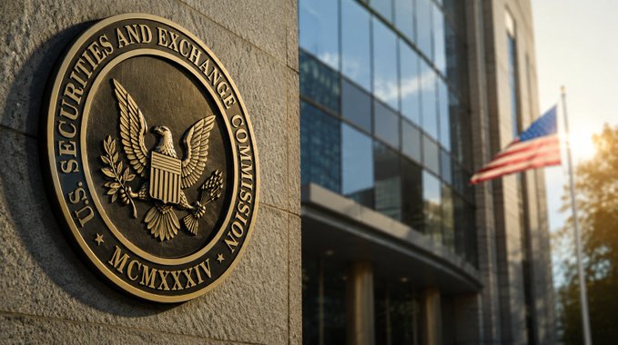 A close-up of the U.S. Securities and Exchange Commission (SEC) seal mounted on a stone wall, with an American flag and a glass office building in the background.
