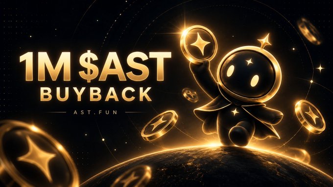 A promotional graphic announces a '1M $AST BUYBACK' by AST.FUN, featuring a stylized 3D golden astronaut character holding star-embossed coins against a cosmic background.