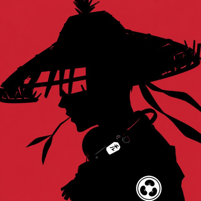 A black silhouette of a figure wearing a wide-brimmed straw hat against a red background, with a small circular logo in the bottom corner.