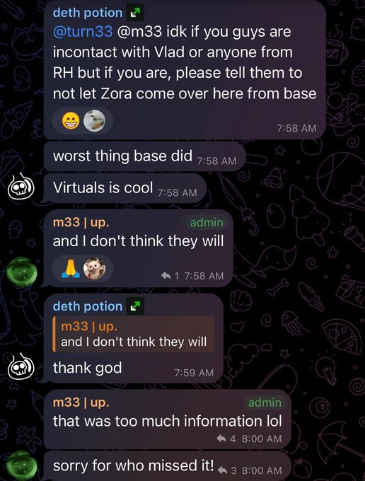 A Discord/Telegram chat screenshot shows users "deth potion" and admin "m33" discussing Robinhood (RH) and warning "not let Zora come over here from base," with messages joking that "worst thing base did" and expressing relief that a conversation "was too much information," referencing the $UP crypto project mentioned in the promotional post.