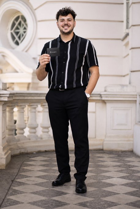A young man in a black-and-white striped short-sleeve shirt and black trousers stands on a tiled terrace, holding up what appears to be a business card.
