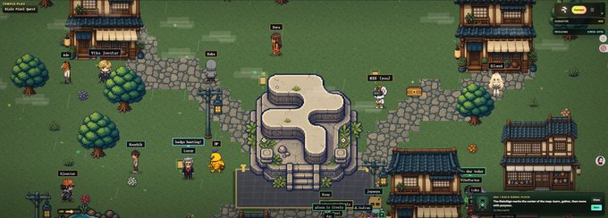 A pixel art village scene from a video game showing characters with name tags like "Felix" and "Cenphermed" walking on stone paths between thatched-roof houses and green trees, with a central stone monument.