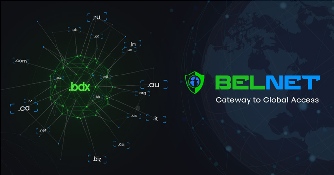 A promotional graphic for BELNET with the tagline 'Gateway to Global Access' featuring a globe network visualization connecting domain extensions like .ru, .in, .us, .au, .it, and .biz around a central .bdx node.