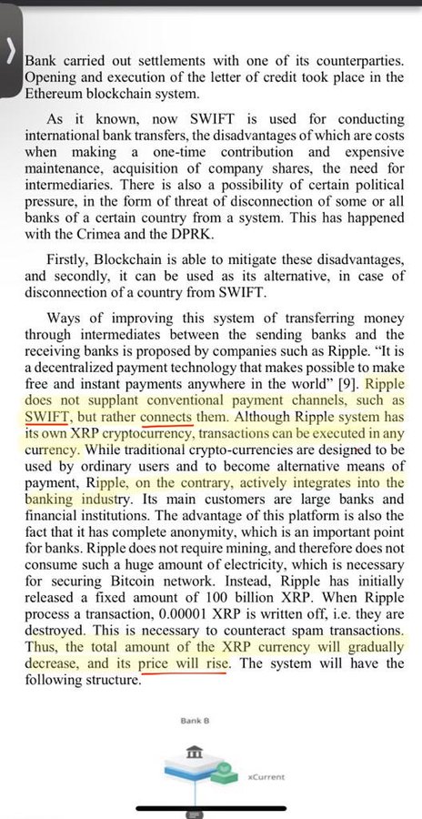 A page of academic text discussing SWIFT and blockchain for international bank transfers, highlighting content about Ripple and its XRP cryptocurrency, including a diagram showing Bank B and xCurrent transaction flow.