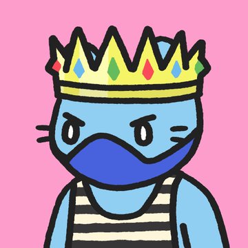A blue cartoon cat wearing a golden jeweled crown and a striped shirt, mirroring the post's mention of a "crown cat" added to match the user's crowned FROGE NFT. The whimsical illustration captures the playful, collectible NFT aesthetic referenced in the message.