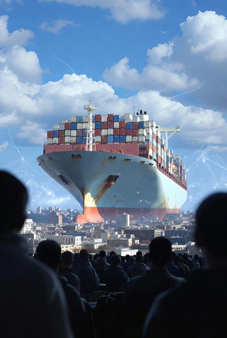 A surreal illustration of a massive container ship floating above a city skyline, watched by a crowd of silhouetted people in the foreground.