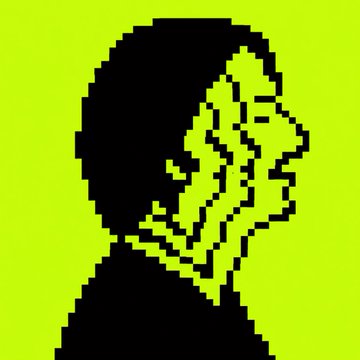 A pixelated black silhouette of a person's head and shoulders against a bright green background, with a leaf-like shape forming the facial features.