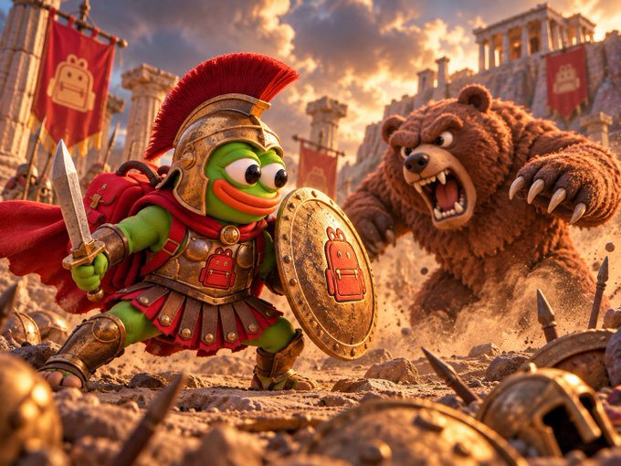 A digital illustration showing a green Pepe the Frog character dressed as a Roman soldier with a sword and shield, facing off against a large roaring bear on a battlefield.