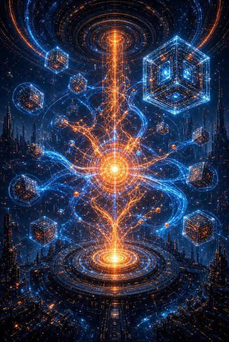 A digital artwork featuring glowing blue cubes floating around a central vertical beam of orange and blue energy, set against a dark starry background with futuristic city silhouettes.