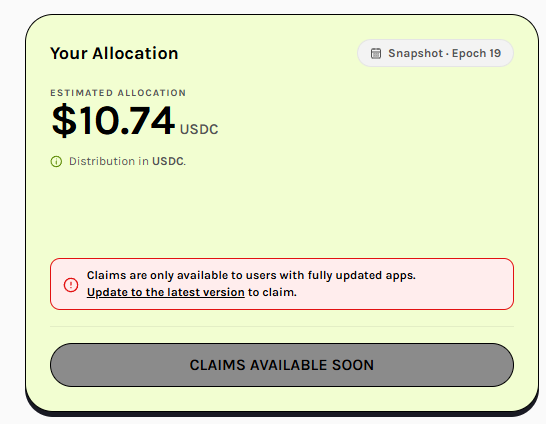 A Grass Airdrop 2 dashboard showing an estimated allocation of $10.74 USDC from Snapshot · Epoch 19, with a disabled "Claims Available Soon" button due to the user's app needing an update to the latest version to claim. The image illustrates the modest, final reward distribution referenced in the post, confirming that participants are only receiving a few dollars in USDC with no Grass Tokens awarded.