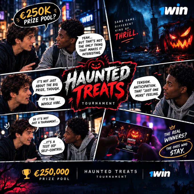 Comic-style advertisement for the "1win" "HAUNTED TREATS TOURNAMENT" with a €250K prize pool, showing two characters discussing the thrill of the game beside a jack-o'-lantern and a phone displaying the tournament logo.