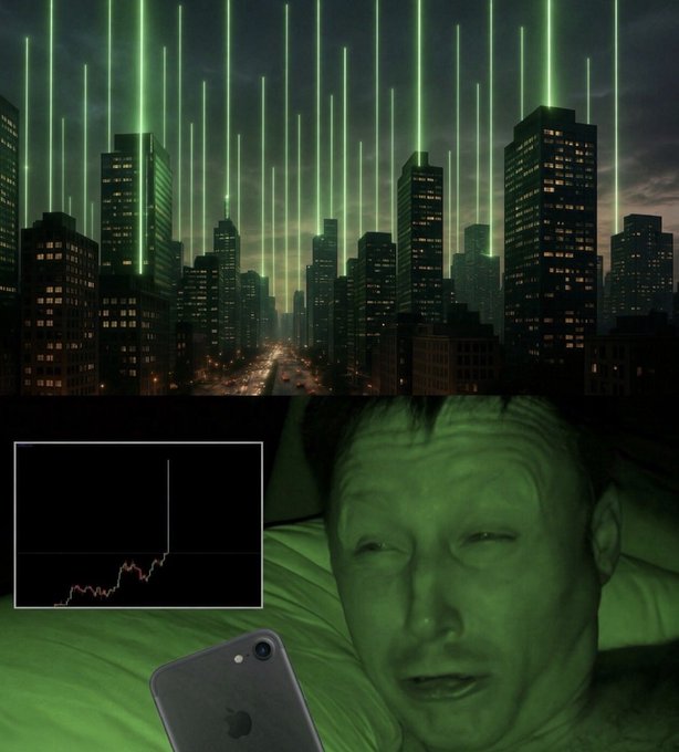A meme featuring a city skyline with green vertical light beams above, paired with a chart showing a sharp price spike and a green-tinted photo of a man looking intently at his phone.
