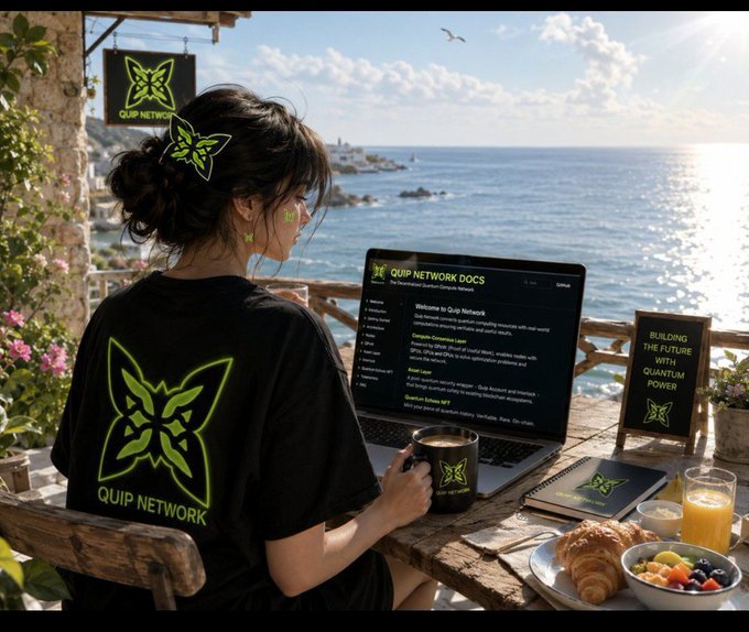 A woman in 'Quip Network' branded apparel works on a laptop by the seaside, with documentation visible on screen.