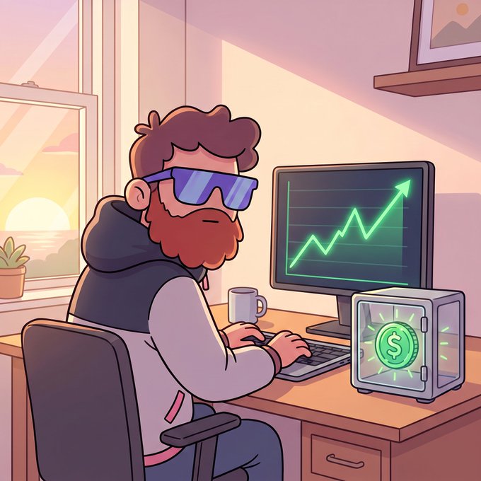 Cartoon illustration of a bearded man wearing sunglasses and a hoodie working at a computer during sunset, with a monitor displaying a rising green stock chart and a safe containing a dollar coin next to his keyboard.