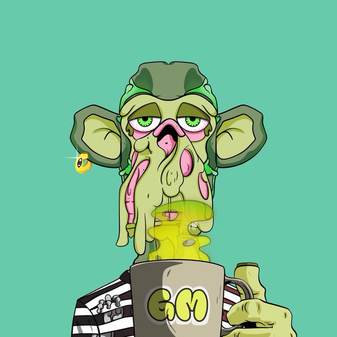 A cartoon illustration of a green alien-like creature with large ears, drooping pink-tinted eyes, and a melting nose, holding a mug with 'GM' written on it against a teal background.