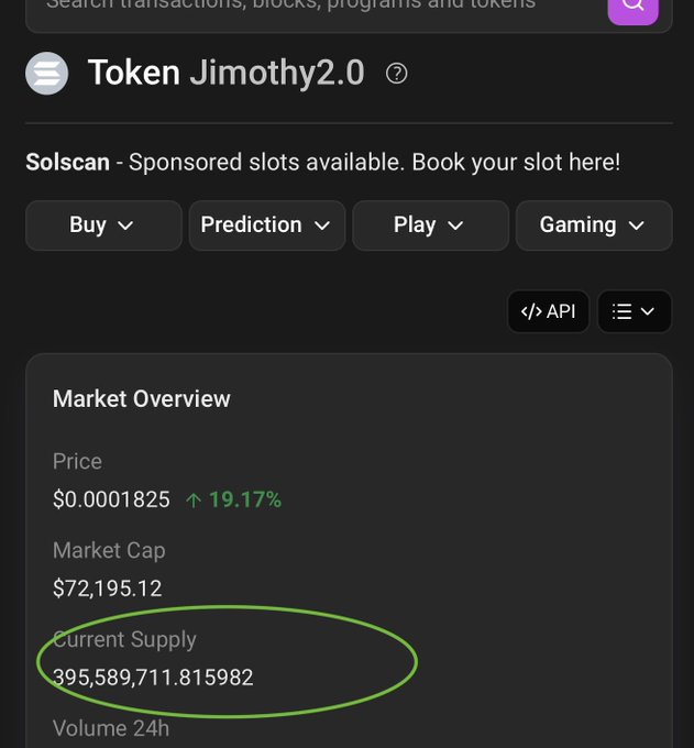 A mobile app screenshot of Token Jimothy2.0 showing a market overview with a price of $0.0001825 (↑19.17%), market cap of $72,195.12, and a circled current supply of 395,589,711.815982.