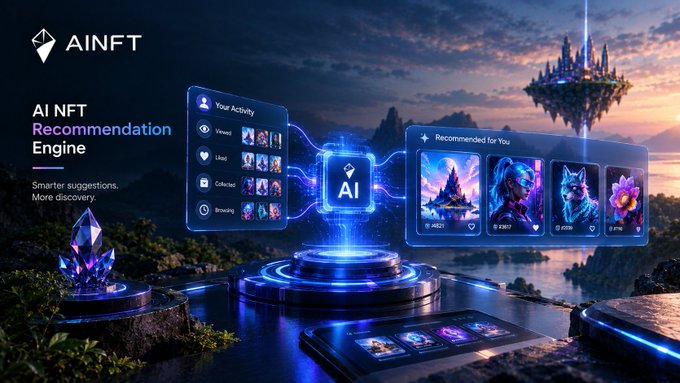 A promotional graphic for 'AINFT' featuring an 'AI NFT Recommendation Engine' interface set against a fantasy landscape with a floating castle, showing user activity tracking and recommended NFT collections.